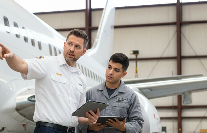 Senior aviation professional mentoring junior technician beside aircraft inside hangar